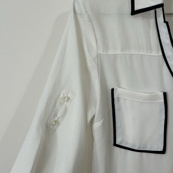 EXPRESS The Portofino Shirt Blouse XS TP Ivory Black Piping V-Neck Button Up Top - Picture 7 of 10